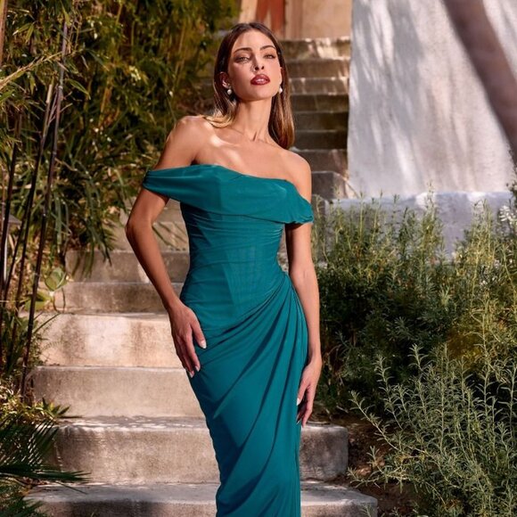 New Teal Sheath Off Shoulder Evening Gown w/ Boned Bodice & Lace Up Back CD387 - Picture 4 of 10